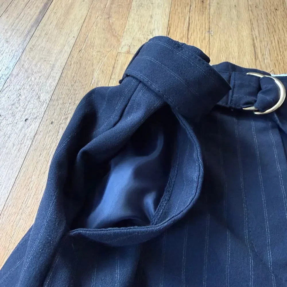 Zara Navy Blue Pinstripe Pleated Wide Leg Trouser Pants Sz L Classic Preppy Chic